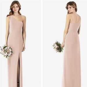 Dessy group one shoulder trumpet gown with slit in CAMEO
